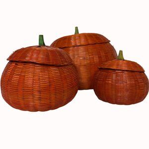 Nesting Pumpkin Shaped Woven Baskets Set of 3 VTG Cozy Fall Vibes Decor Rustic